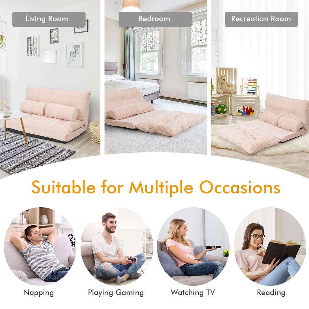 6-Position Adjustable Sleeper Lounge Couch with 2 Pillows - Beige