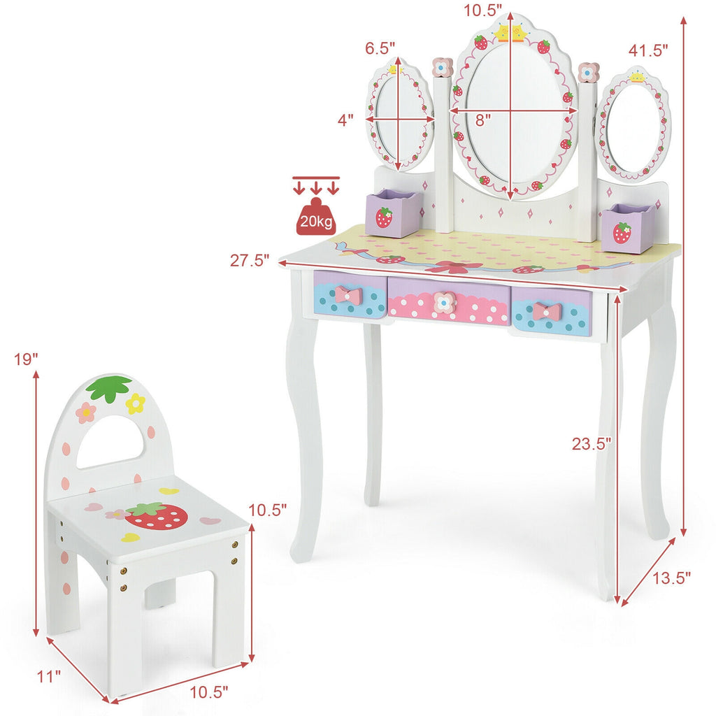 Kids Vanity Set with Tri-Fold Mirror and Chair - White, Detachable Top