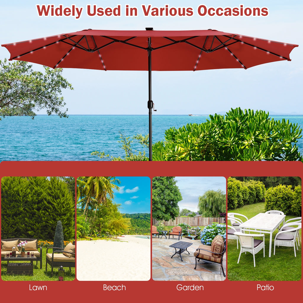 15 Feet Twin Patio Umbrella with 48 Solar LED Lights - Dark Red