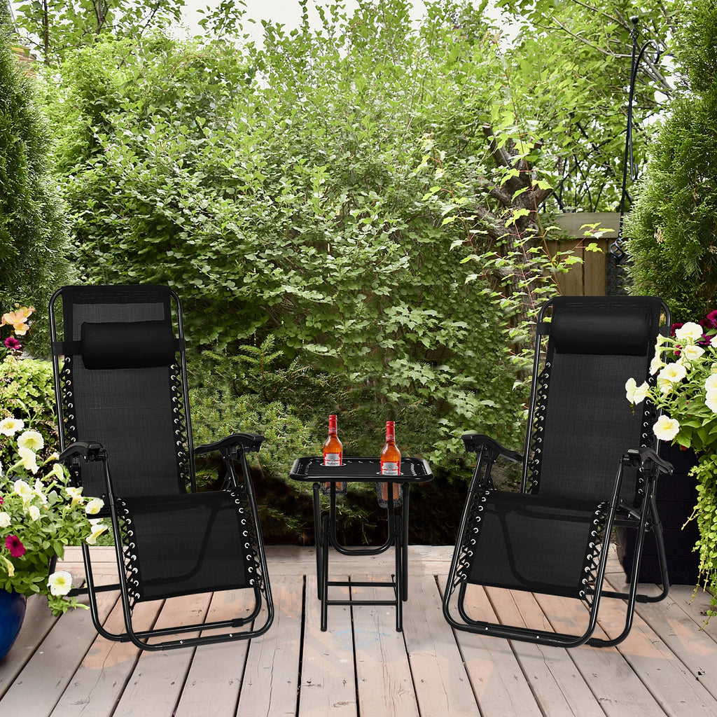 3 Pieces Folding Portable Zero Gravity Reclining Lounge Chairs Table