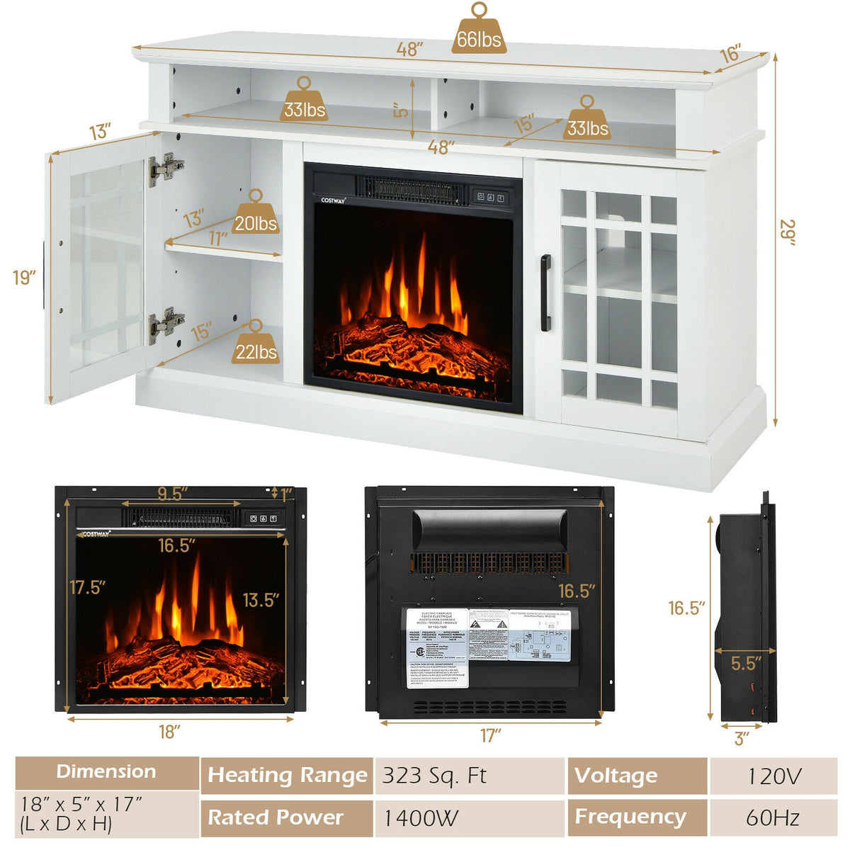 48-inch Fireplace TV Stand for 55-inch TVs, White