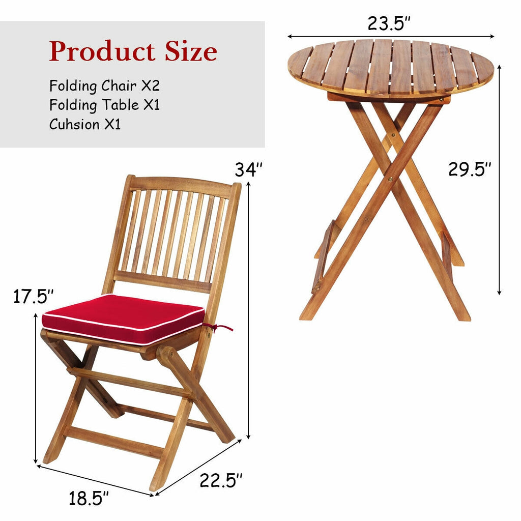 3 Pieces Patio Folding Bistro Set with Padded Cushion and Round