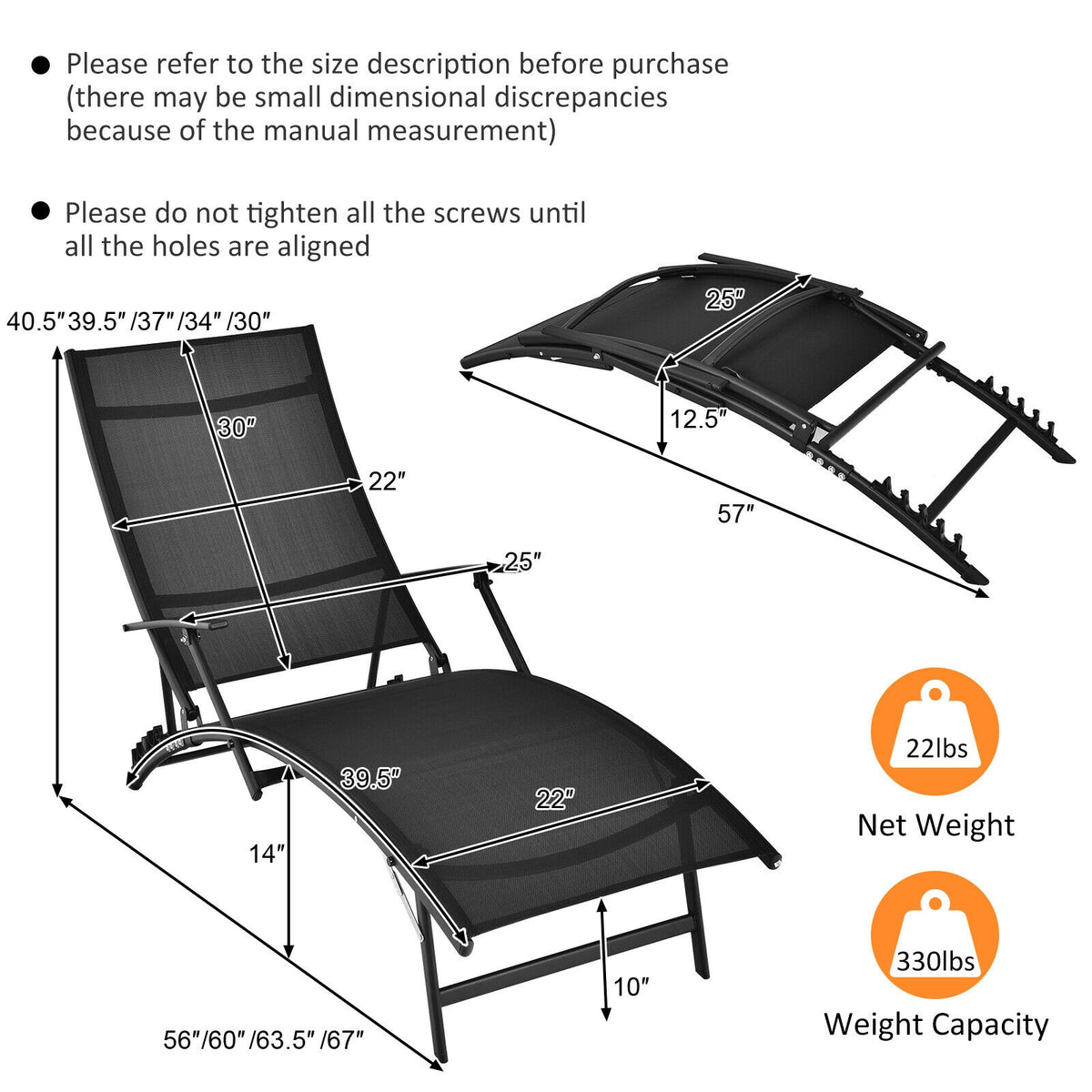 Patio Folding Stackable Chaise Lounge Chair with Armrest - Black