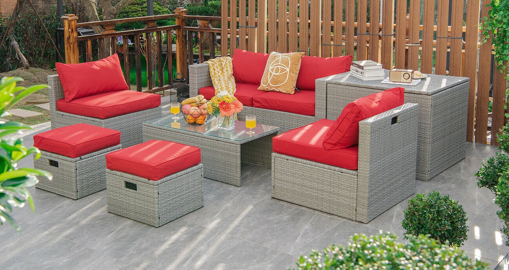 8-Piece Patio Rattan Furniture Set with Storage - Gray Rattan, Red