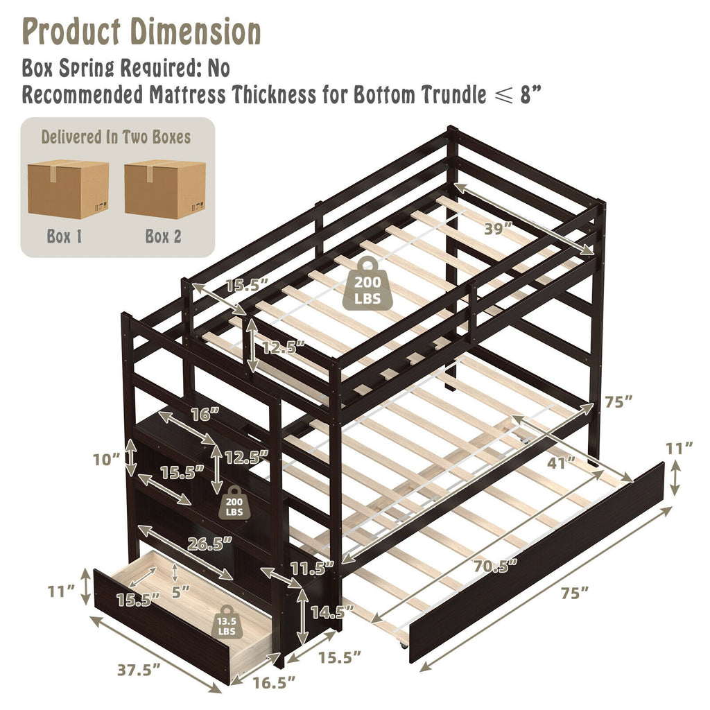 Twin Over Twin Bunk Bed with Storage & Staircase - Dark Brown
