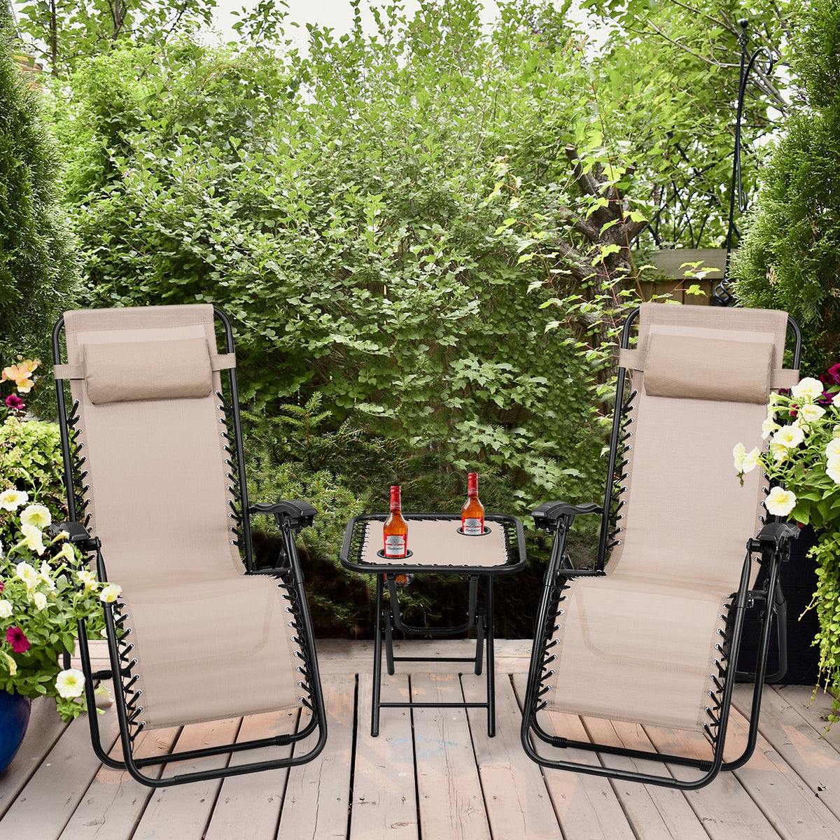 3 Pieces Folding Portable Zero Gravity Reclining Lounge Chairs Table