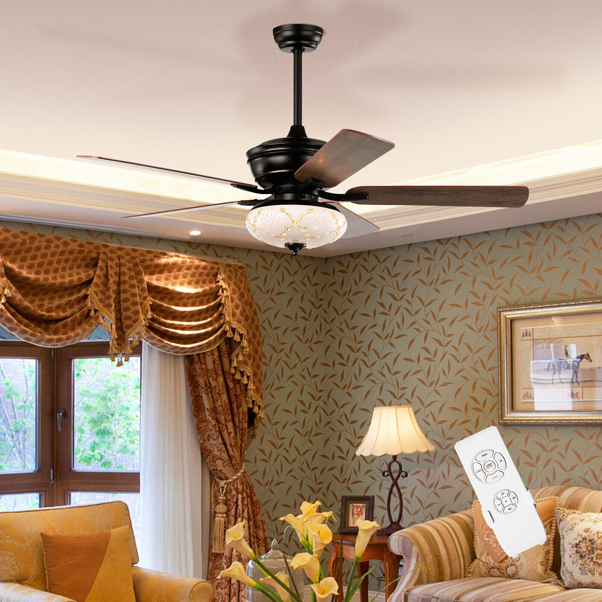 52 Inch Ceiling Fan with 3 Speed Reversible Blades - Black, Remote Control