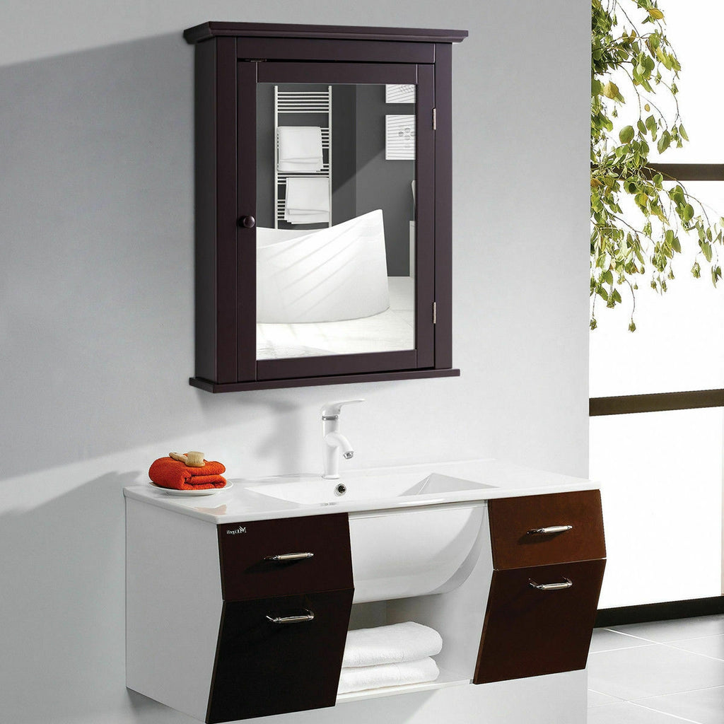 Wall Mount Bathroom Cabinet with Mirror Single Door Brown