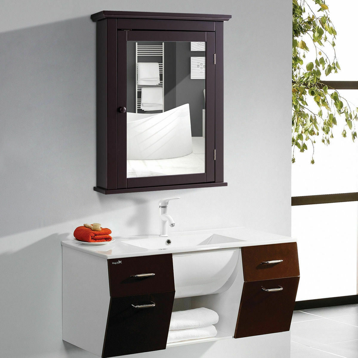Wall Mount Bathroom Cabinet with Mirror Single Door Brown