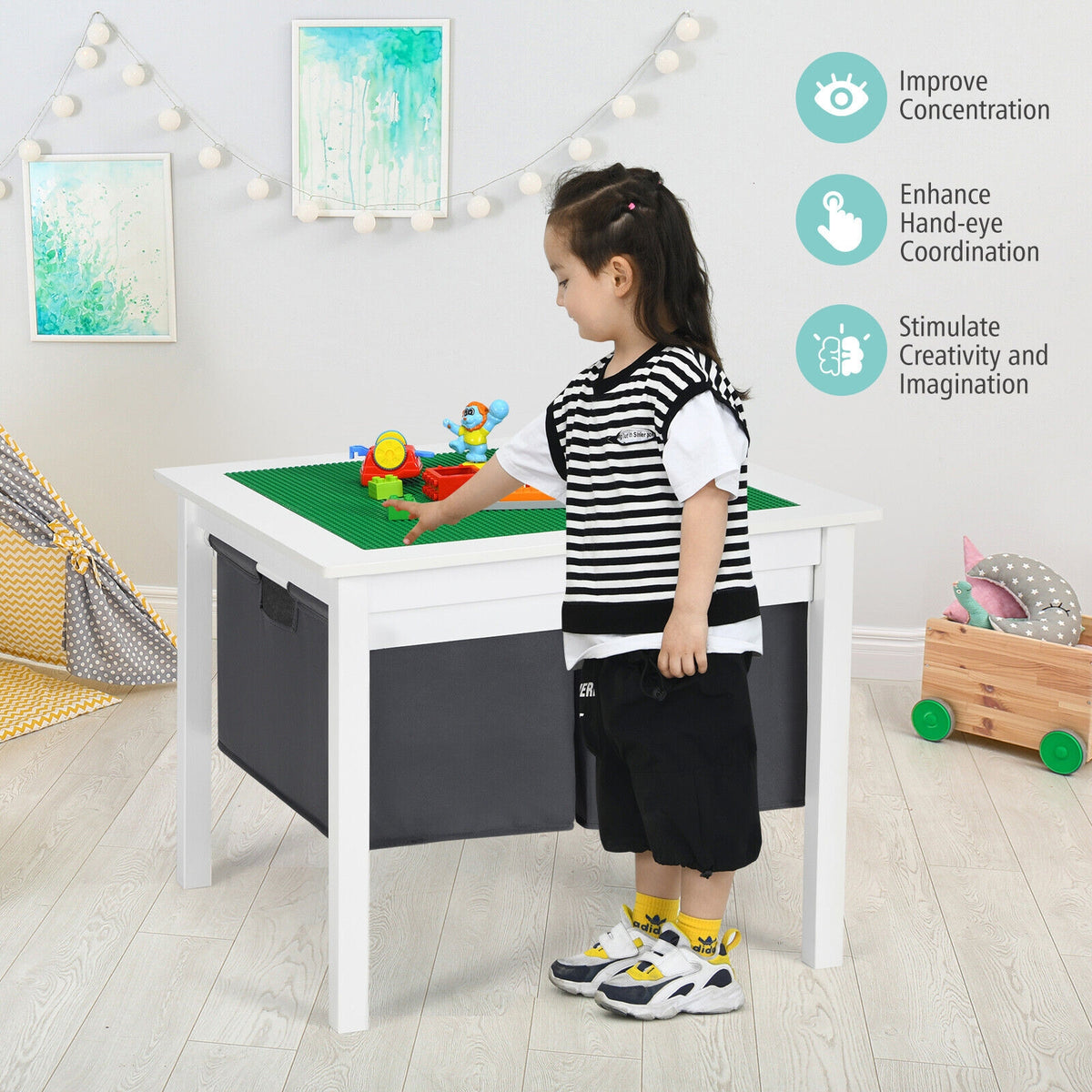 White 2-in-1 Kids Double-Sided Activity Building Block Table with Drawers