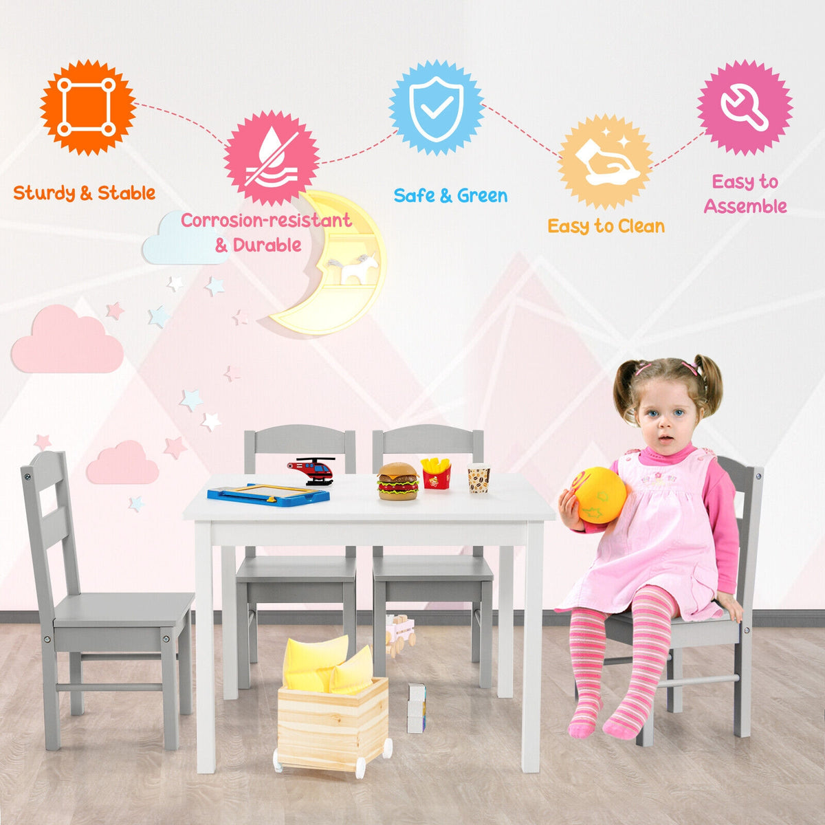 Kids Wooden 5-Piece Table and Chair Set - Rectangular White Playroom Furniture