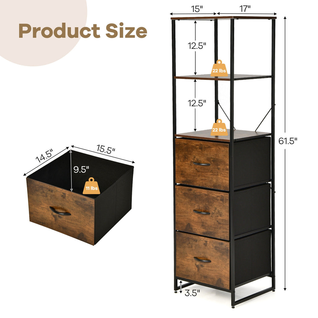 Tall Storage Rack Bookshelf with 3 Folding Drawers and Shelves