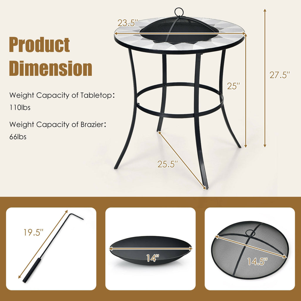 23.5 Inches Round Fire Pit Table with Mesh Cover and Poker