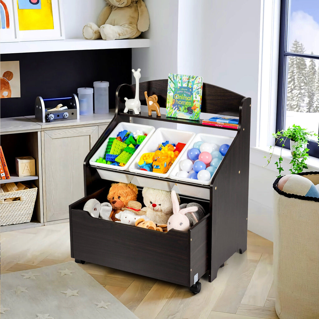 Kids Toy Storage Organizer with Rolling Toy Box and Plastic Bins - Dark Brown