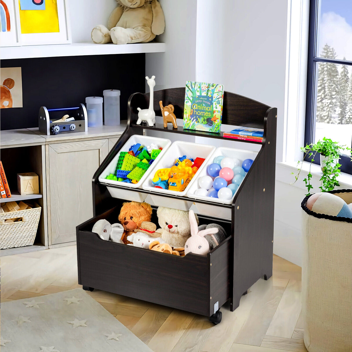 Kids Toy Storage Organizer with Rolling Toy Box and Plastic Bins - Dark Brown