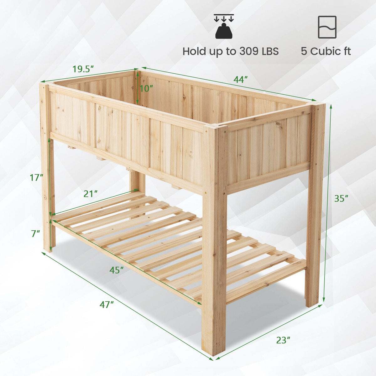 47 Inch Wooden Raised Garden Bed with Bottom Shelf and Liner