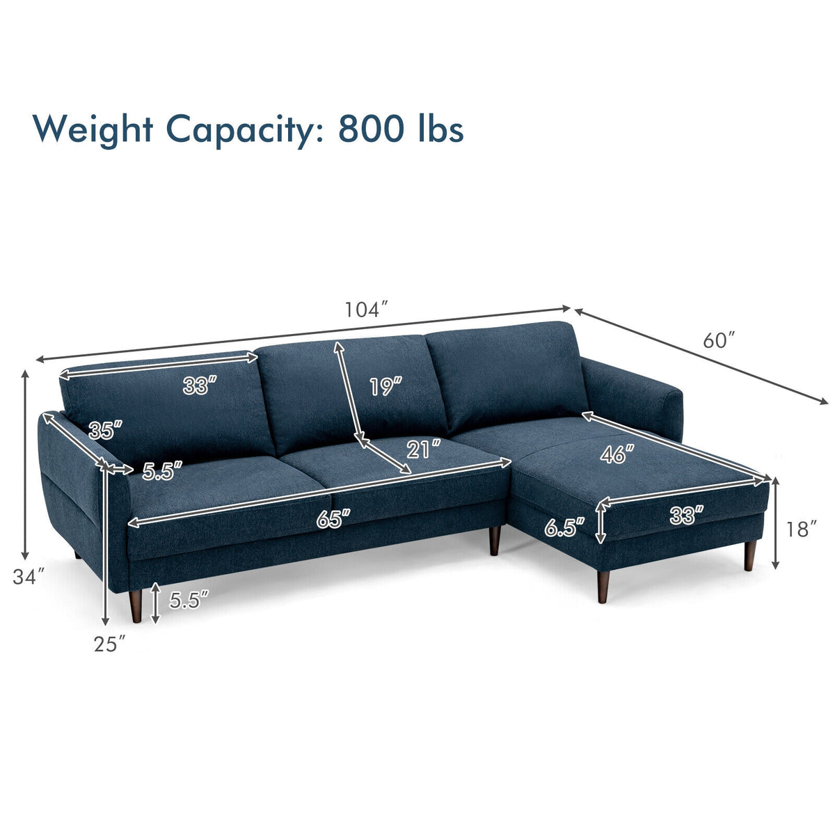 L-Shaped Fabric Sectional Sofa with Chaise Lounge – Navy