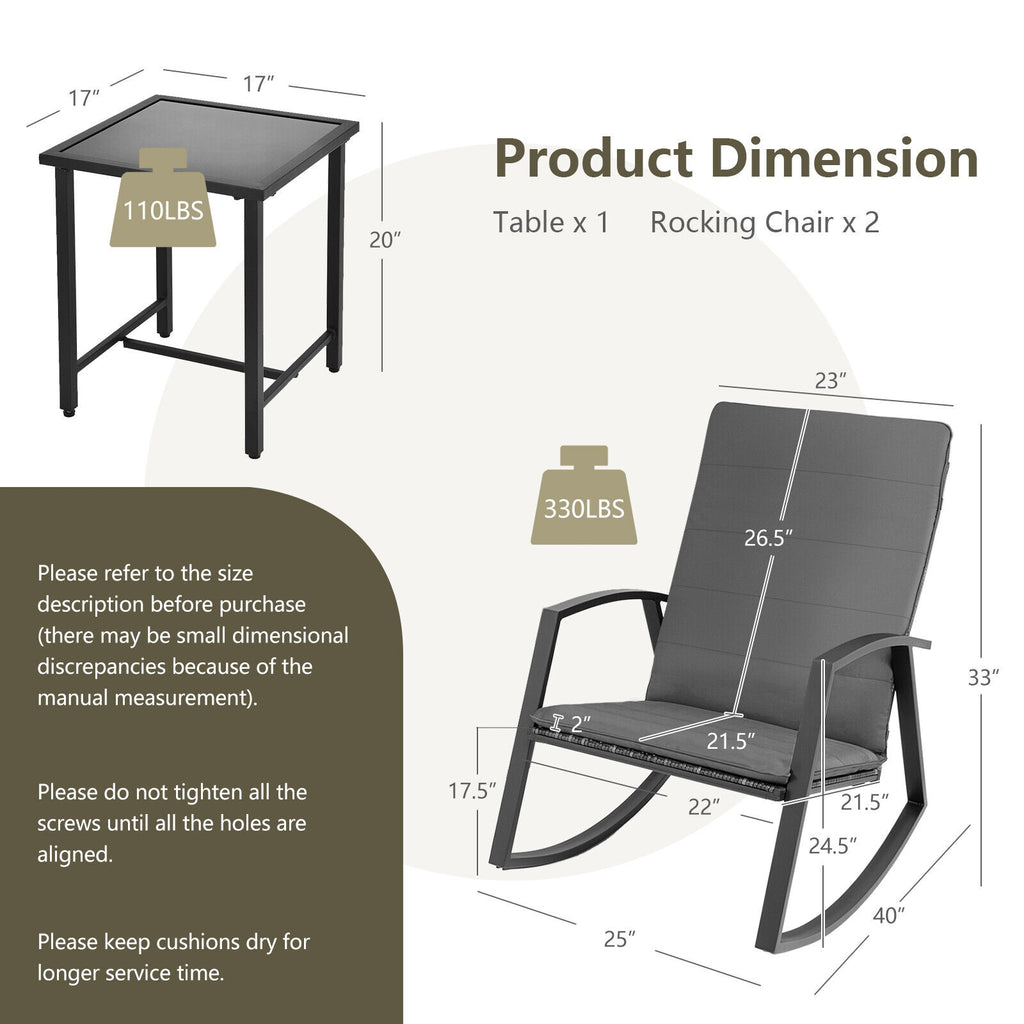3-Piece Patio Rocking Chair Set with Table - Gray
