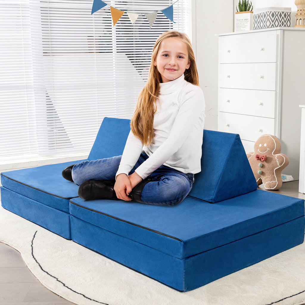 Girls Boys Modular Sofa Play Couch Set with 2 Folding Mats & 2 Triangular Pillows - Blue, 4 Pieces