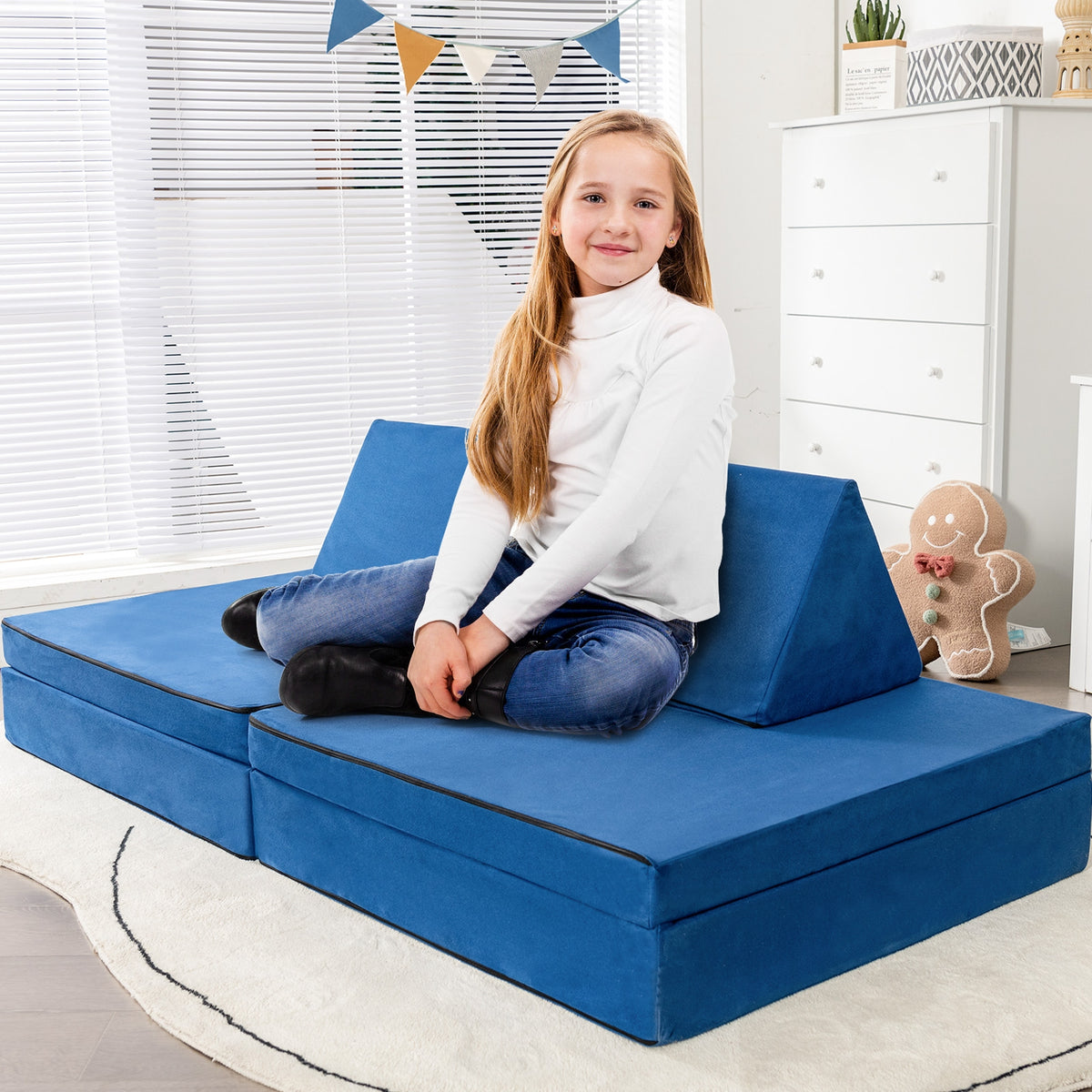 Girls Boys Modular Sofa Play Couch Set with 2 Folding Mats & 2 Triangular Pillows - Blue, 4 Pieces