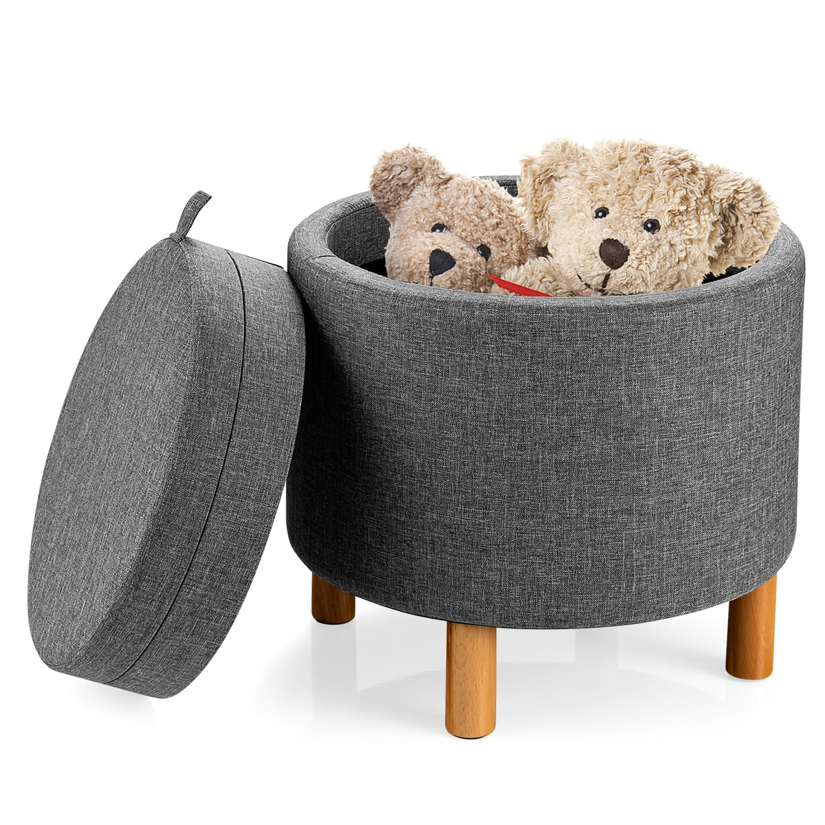 Round Fabric Storage Ottoman with Tray, Gray