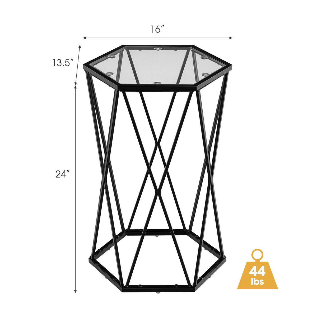 Hexagonal Tempered Glass End Table with Metal Frame
