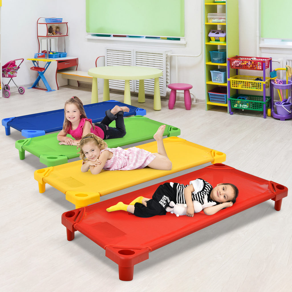 Kids Stackable Naptime Cot Set of 4 - 51 Inches, Colorful, Space-Saving Bed Frames