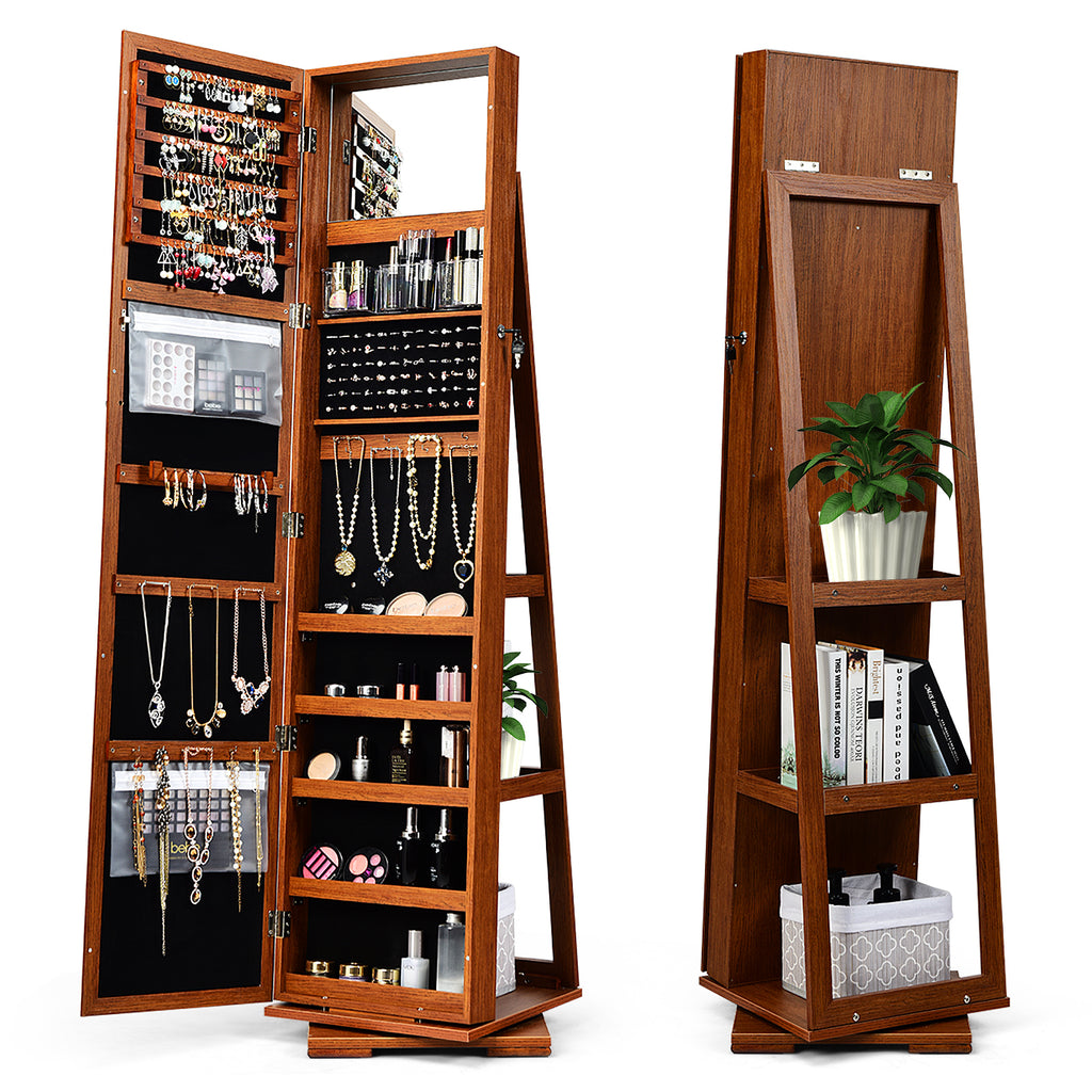 360° Rotating Jewelry Cabinet with Mirror - 3 Shelves, Brown