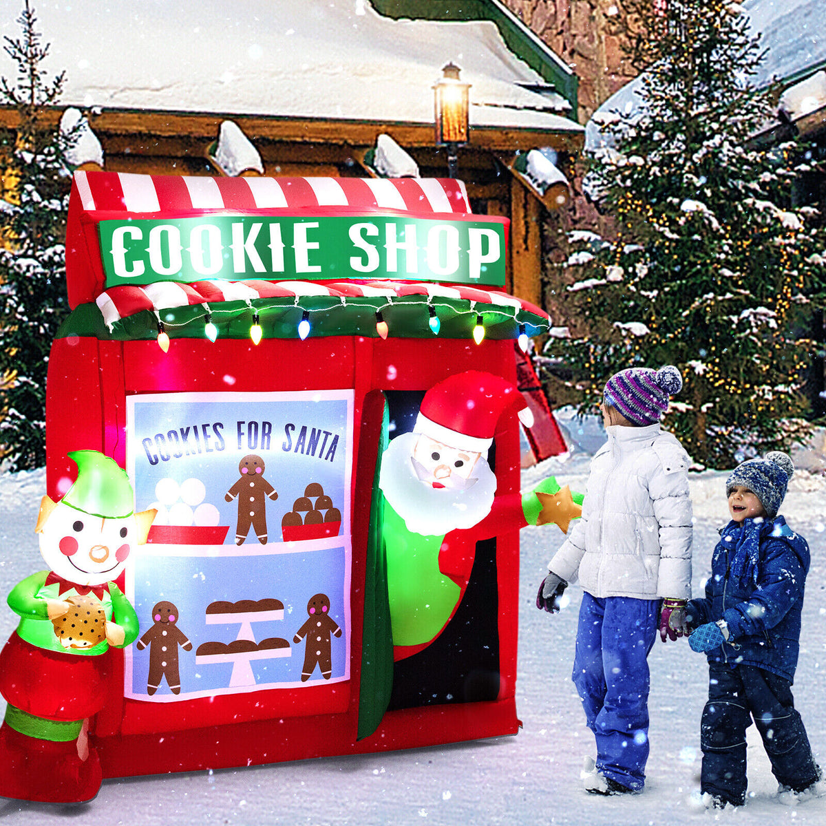 Inflatable Gingerbread Cookie Shop with Santa Claus - 6.3 Ft Christmas Yard Decor - Variation: Santa with Gift Vending Machine