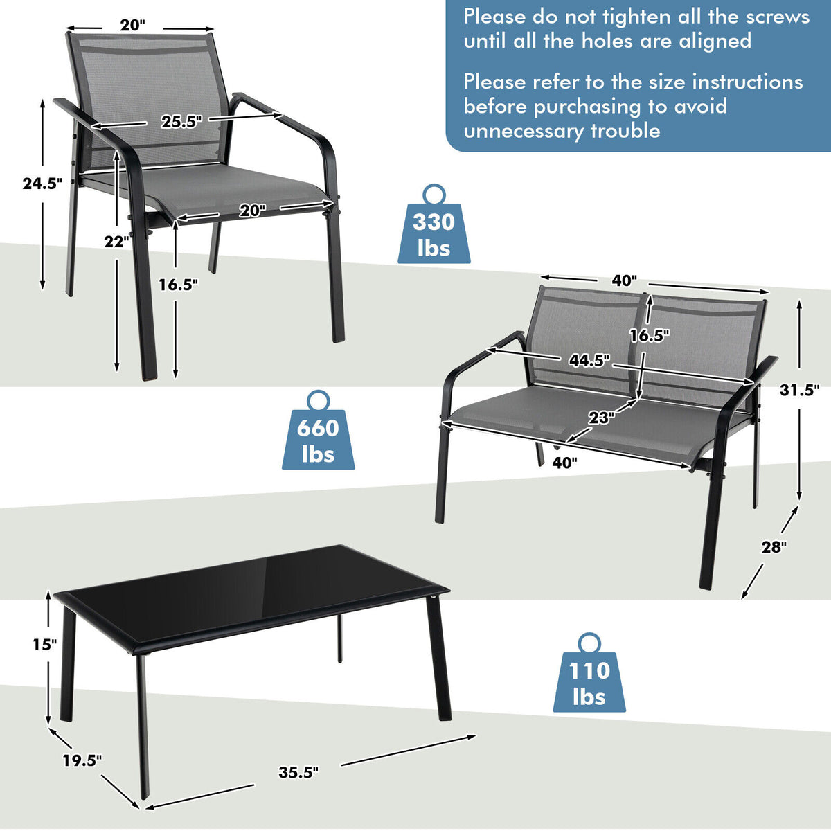 4-Piece Patio Furniture Set with Loveseat Sofas and Glass Table - Gray