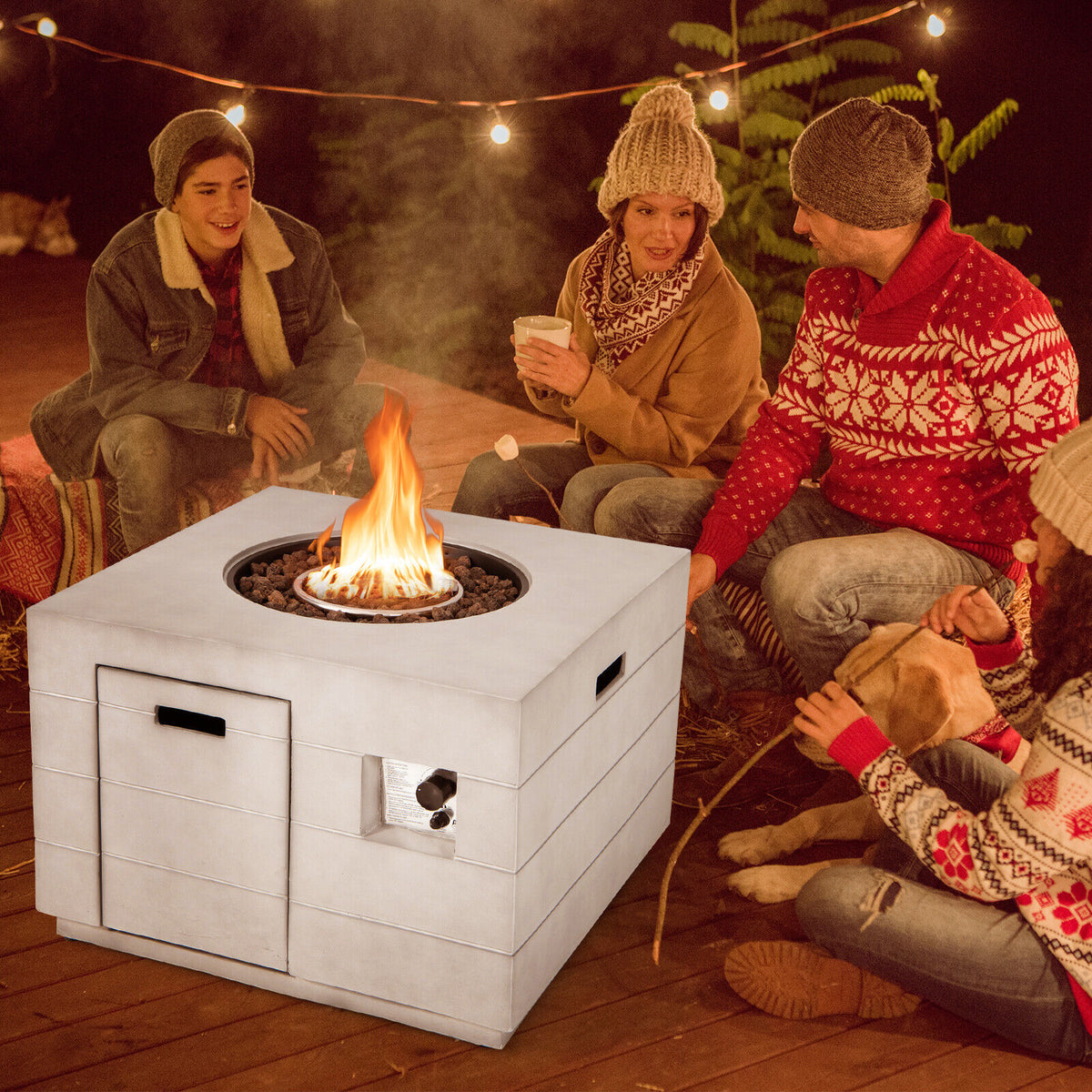 34 Inch Square Concrete Propane Fire Pit Table with Lava Rocks and