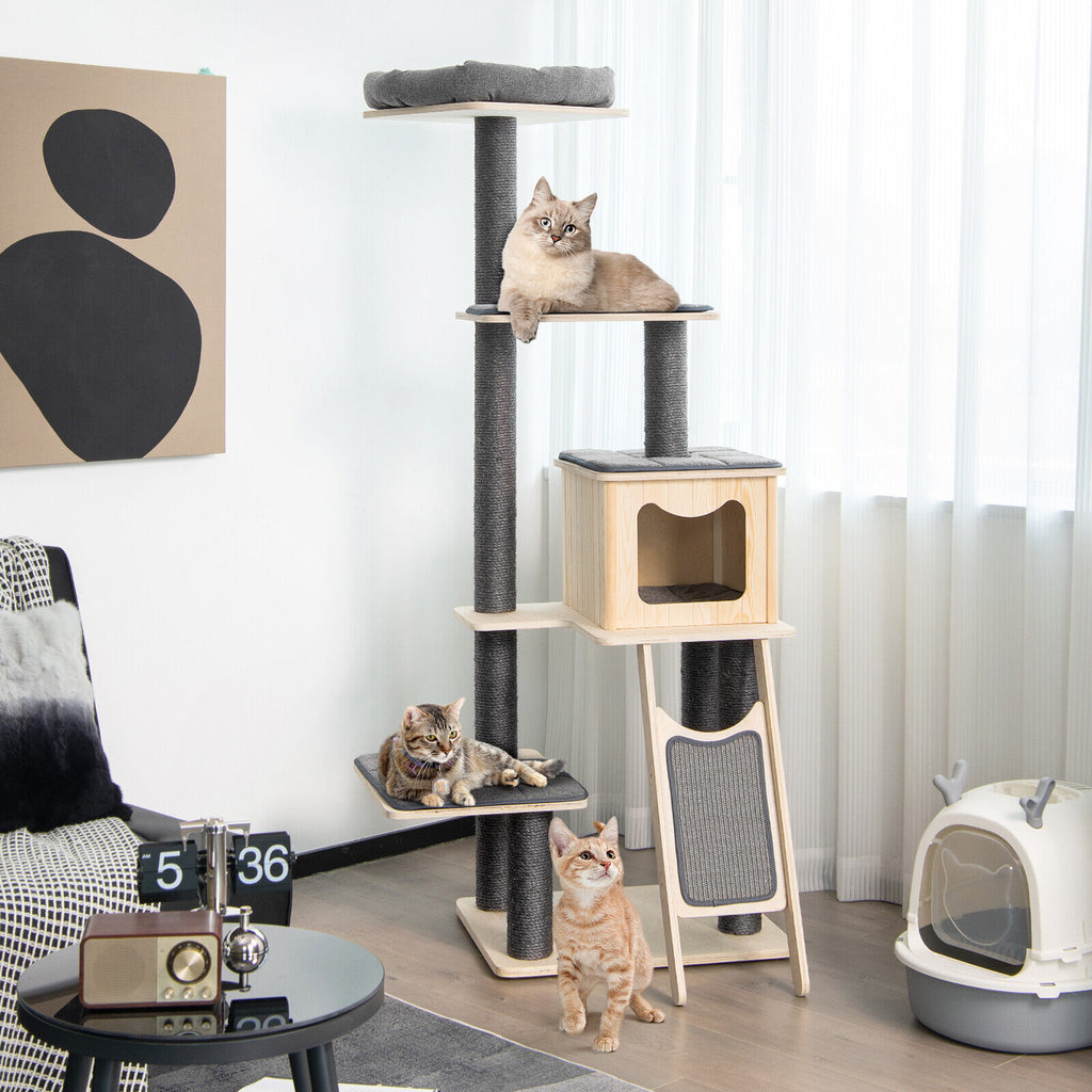 5-Tier Modern Wooden Cat Tower with Washable Cushions - Gray, 5-Layer