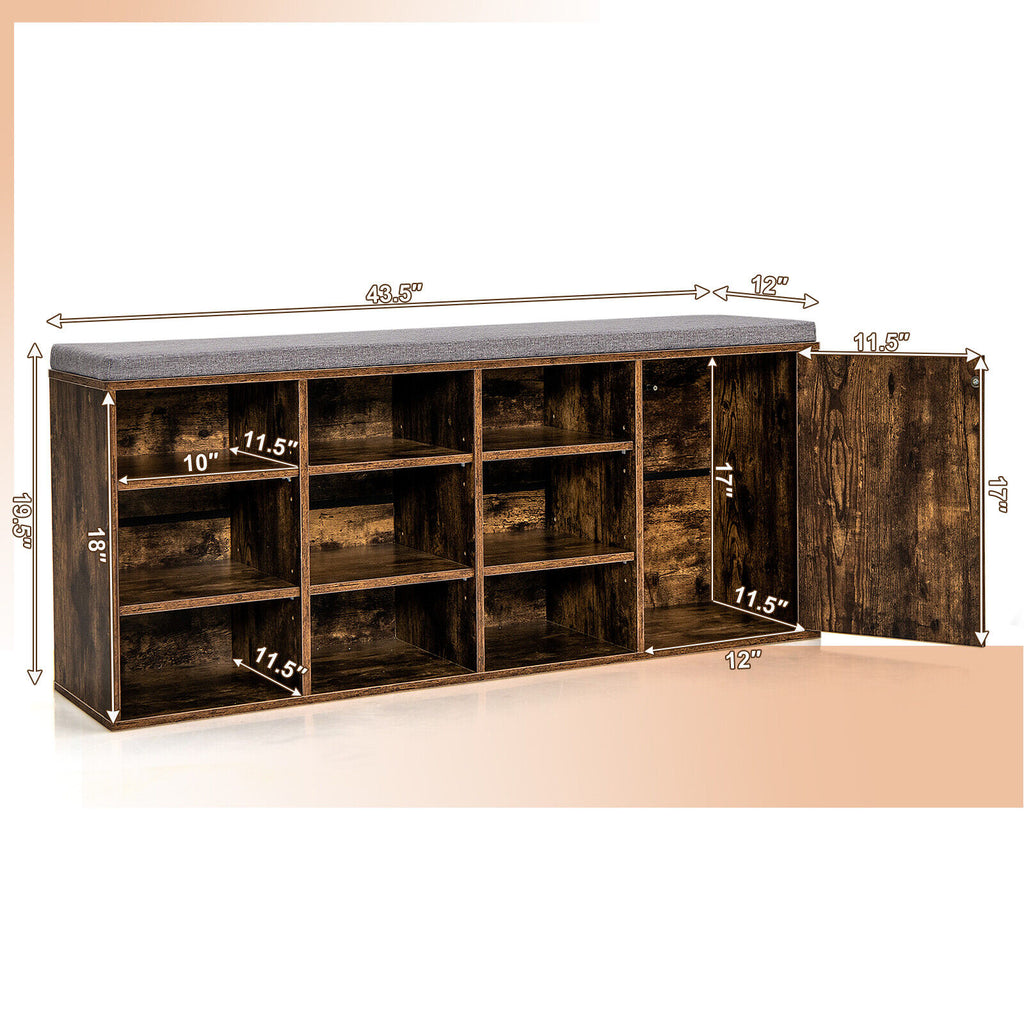9-Cube Shoe Bench with Padded Cushion – Rustic Brown