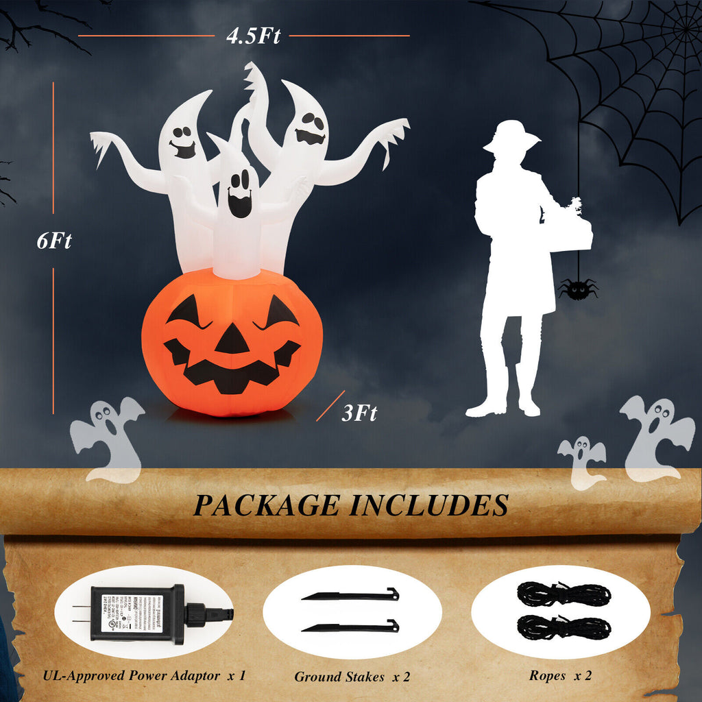 Inflatable Halloween Ghosts with Pumpkin Decor & Rotating Lamp - 6 Feet