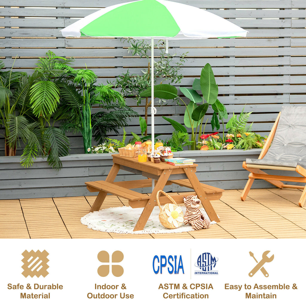 Kids 3-in-1 Outdoor Water and Sand Play Table with Removable Umbrella and Storage - Green