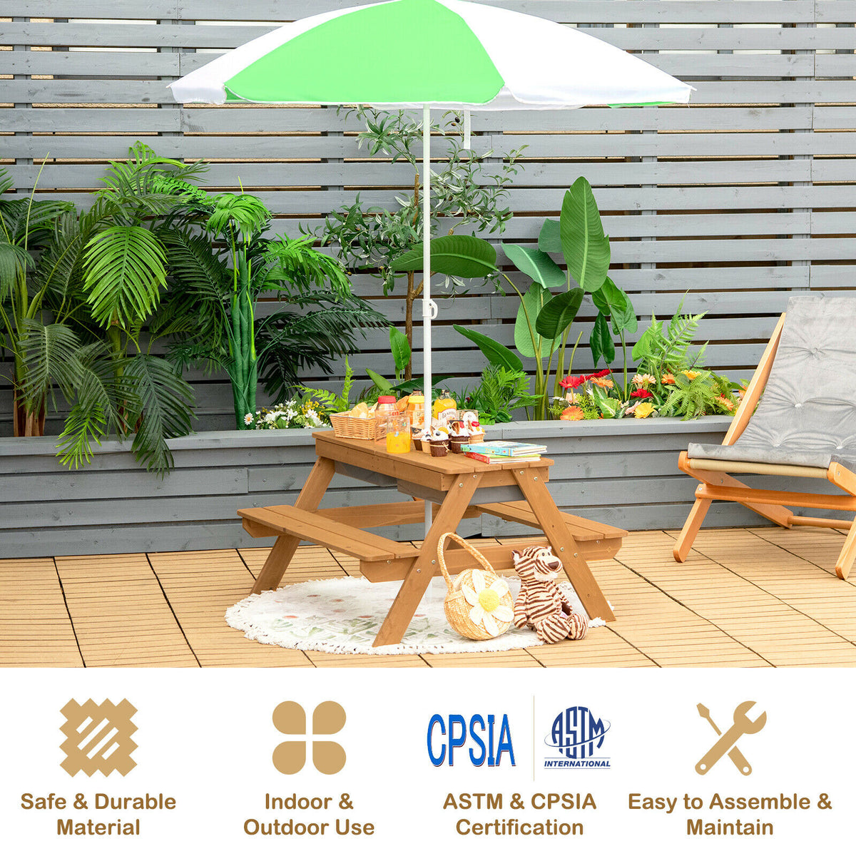Kids 3-in-1 Outdoor Water and Sand Play Table with Removable Umbrella and Storage - Green