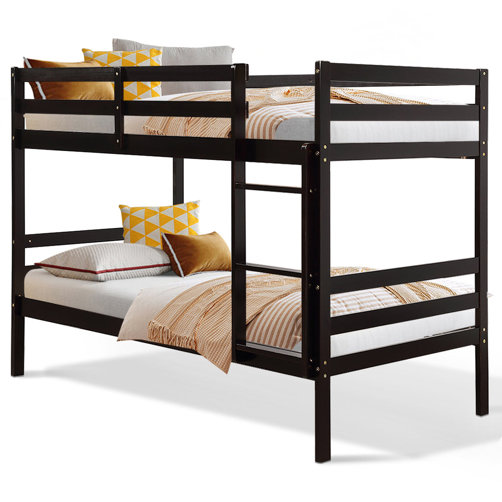 Twin Size Wooden Bunk Bed with Ladder and Safety Rail - Style B, Brown