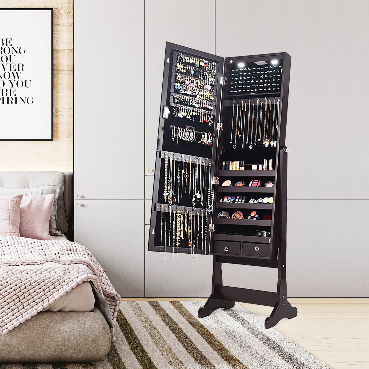 Lockable Mirrored Jewelry Cabinet with LED Lights - Brown