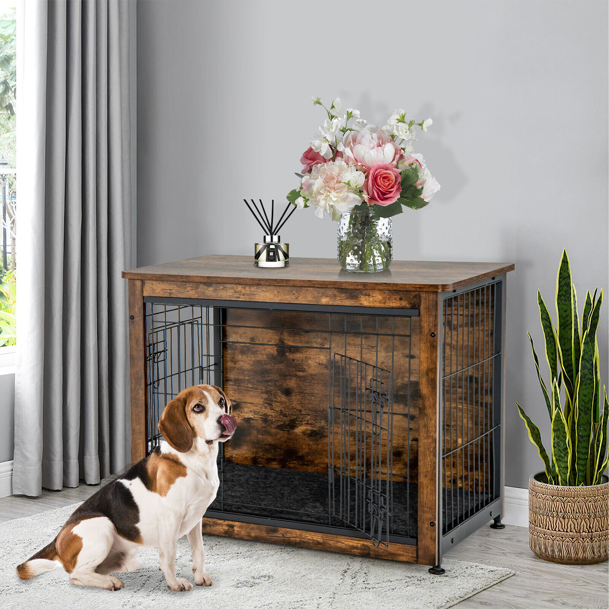 Wooden Dog Crate Furniture with Double Door & Tray - Brown