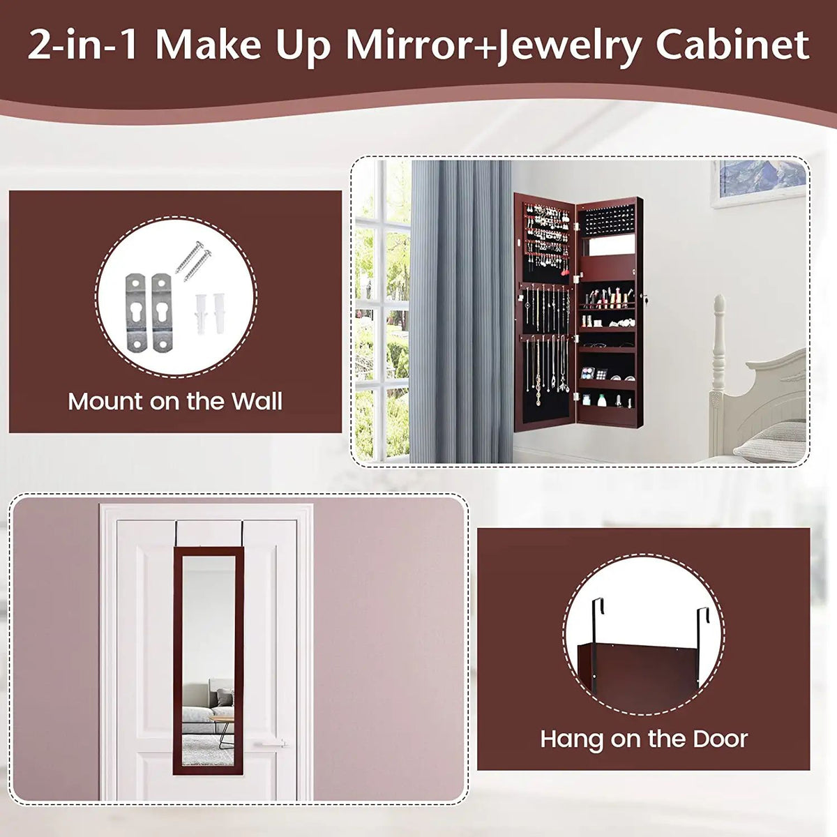 Lockable Wall-Mounted Jewelry Cabinet with LED Lights - Brown
