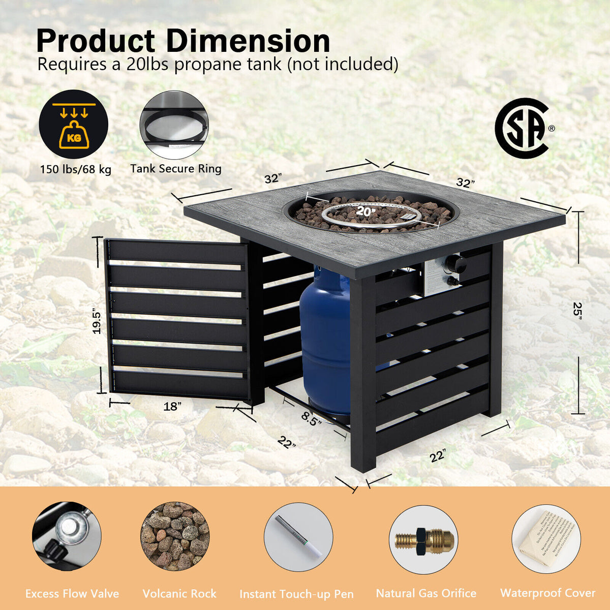 Square Propane Fire Pit Table with Lava Rocks & Cover