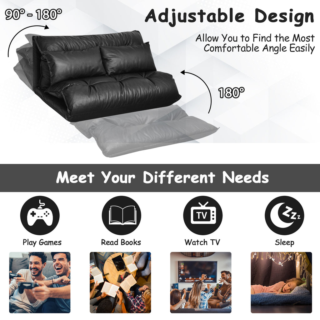 Foldable PU Leather Floor Sofa Bed with Pillows - Black