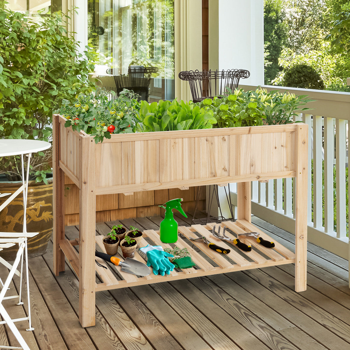 47 Inch Wooden Raised Garden Bed with Bottom Shelf and Liner