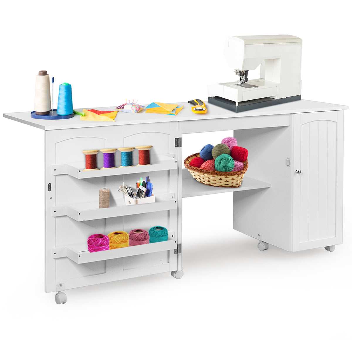 Folding Sewing Table with Storage Shelves and Lockable Casters - White
