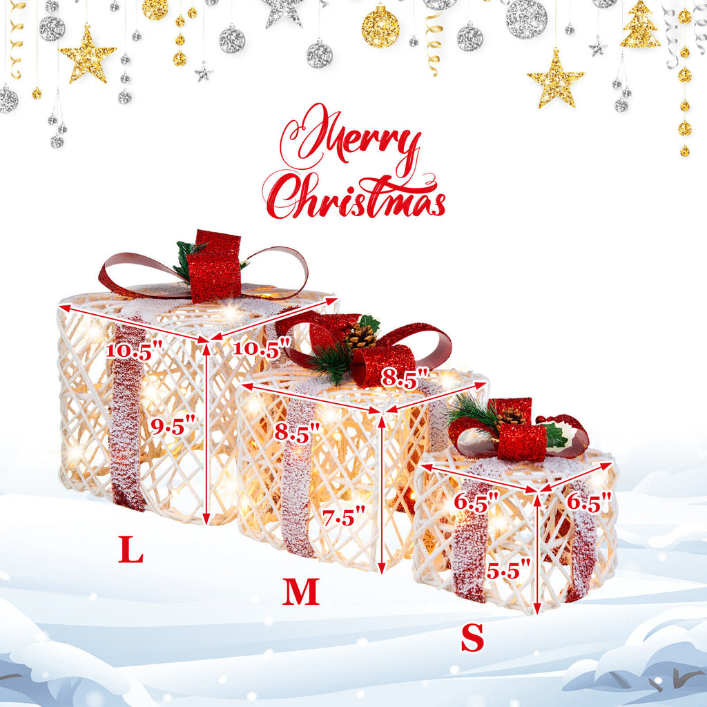 Set of 3 Lighted Christmas Gift Boxes Decorations with Red Bows - Indoor Outdoor Holiday Decor