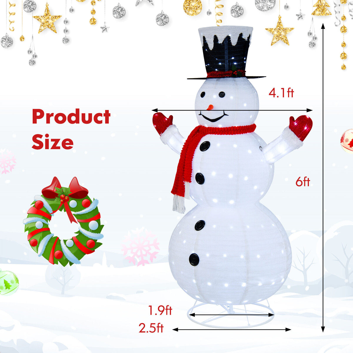 White Lighted Snowman Decor with Top Hat and Red Scarf - 6 Feet