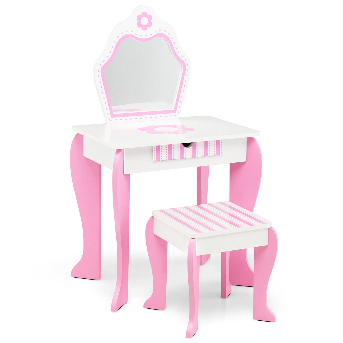White 2-in-1 Toddler Vanity Set with Detachable Mirror and Flower Pattern