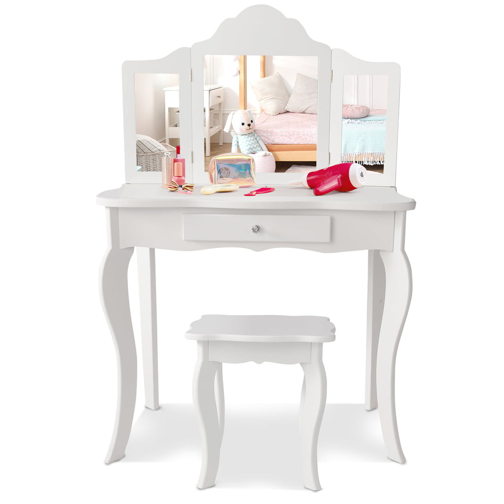 Kids Dressing Vanity Set with Detachable Mirror and Stool - White, No Lights