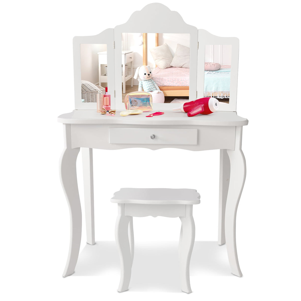 Kids Dressing Vanity Set with Detachable Mirror and Stool - White, No Lights