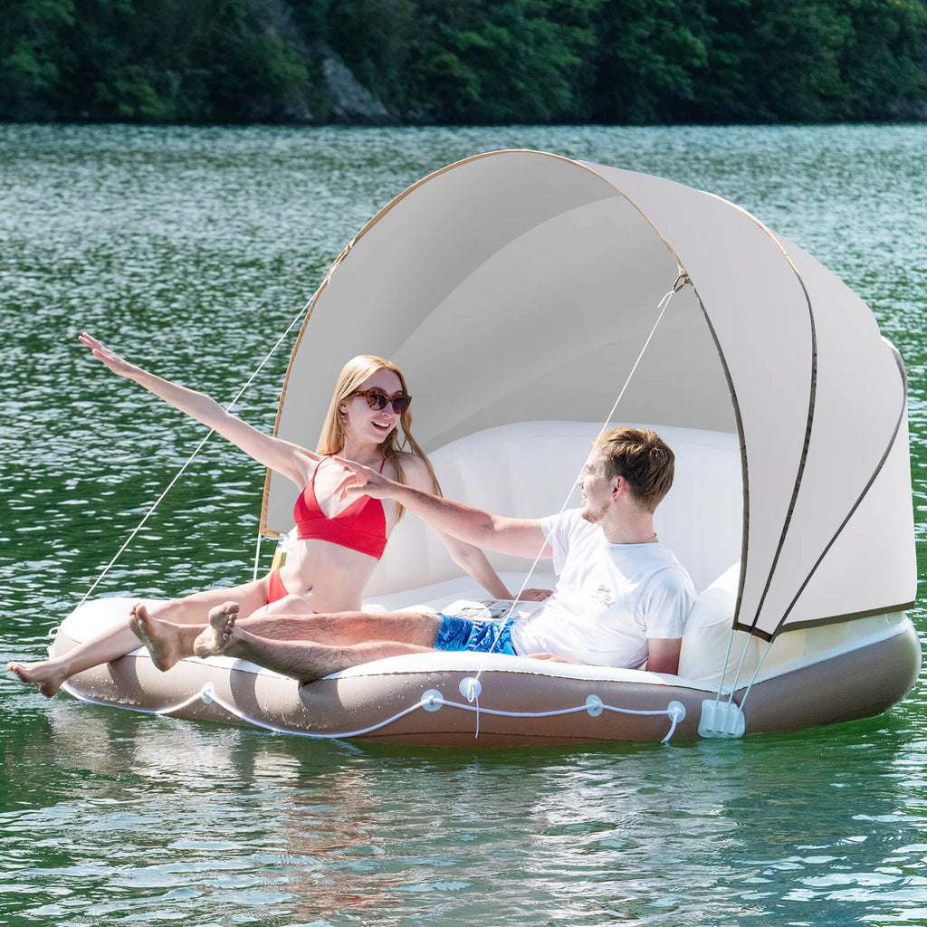 Inflatable Pool Float Lounge with Sunshade and Cup Holders - Swimming Raft